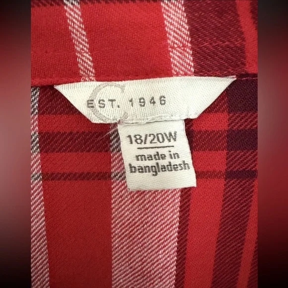 CATO EST. 1946 Women’s Red Striped Plaid Long Sleeve Open Top Blouse 18/20W - Picture 2 of 5